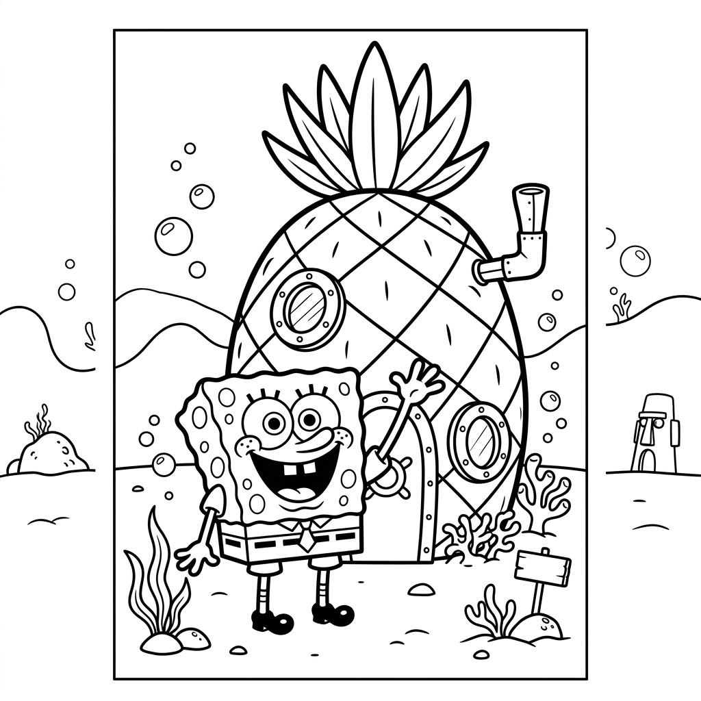 Desenho infantil de Bob Esponja em frente à sua casa de abacaxi em linhas pretas e nítidas para colorir, pintar e imprimir em folha A4. Baixe grátis a imagem em PDF para imprimir no Colorizando.