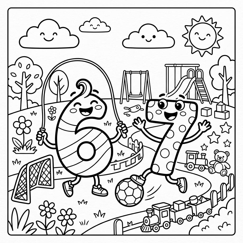 Desenho infantil divertido do meme dos números 6 e 7 em linhas pretas e nítidas para colorir, pintar e imprimir em folha A4. Baixe grátis a imagem em PDF para imprimir no Colorizando.