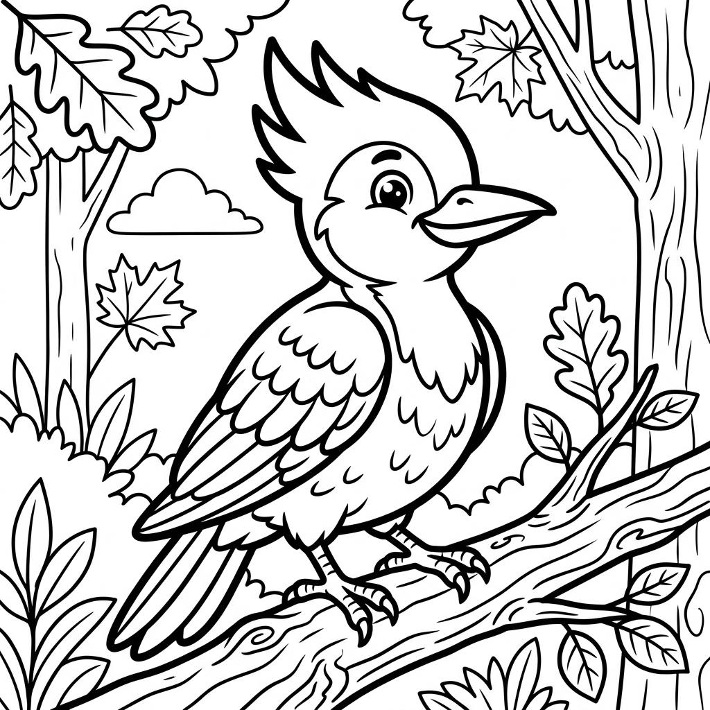Desenho infantil do Pica-Pau sorridente em linhas pretas e nítidas para colorir, pintar e imprimir em folha A4. Baixe grátis a imagem em PDF para imprimir no Colorizando.