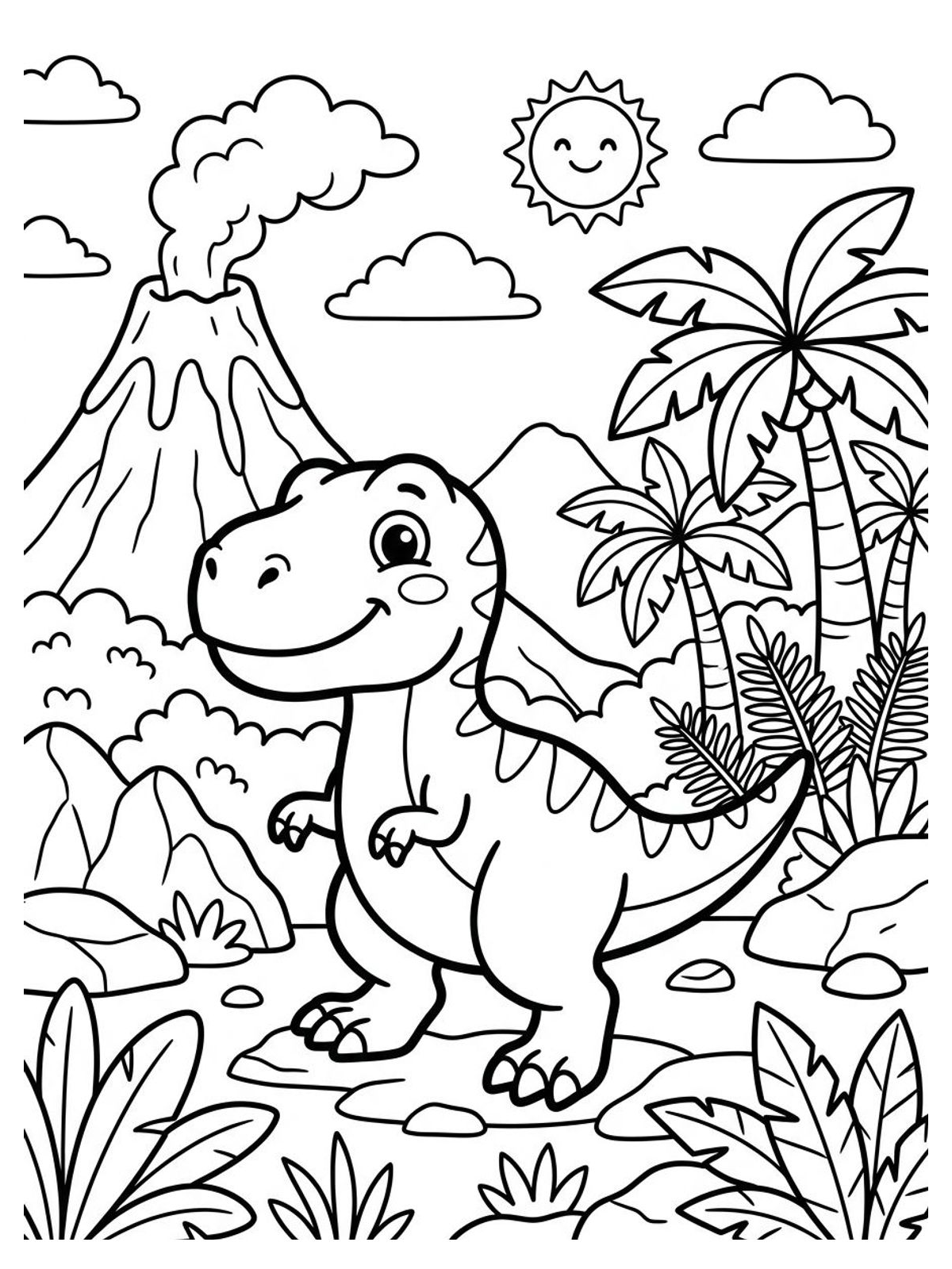Desenho infantil de bebê dinossauro T-Rex sorridente na paisagem pré-histórica em linhas pretas e nítidas para colorir, pintar e imprimir em folha A4. Baixe grátis a imagem em PDF para imprimir no Colorizando.