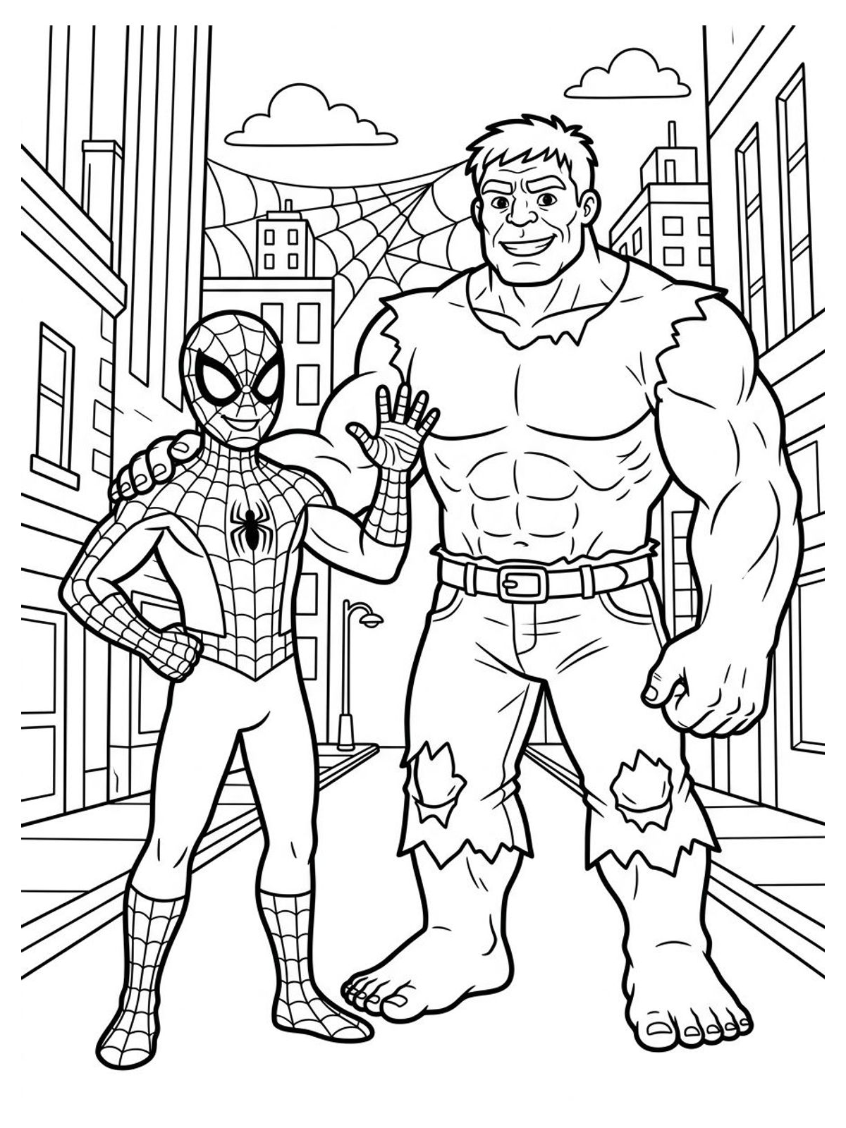 Desenho infantil de Homem-Aranha e Incrível Hulk em linhas pretas e nítidas para colorir, pintar e imprimir em folha A4. Baixe grátis a imagem em PDF para imprimir no Colorizando.