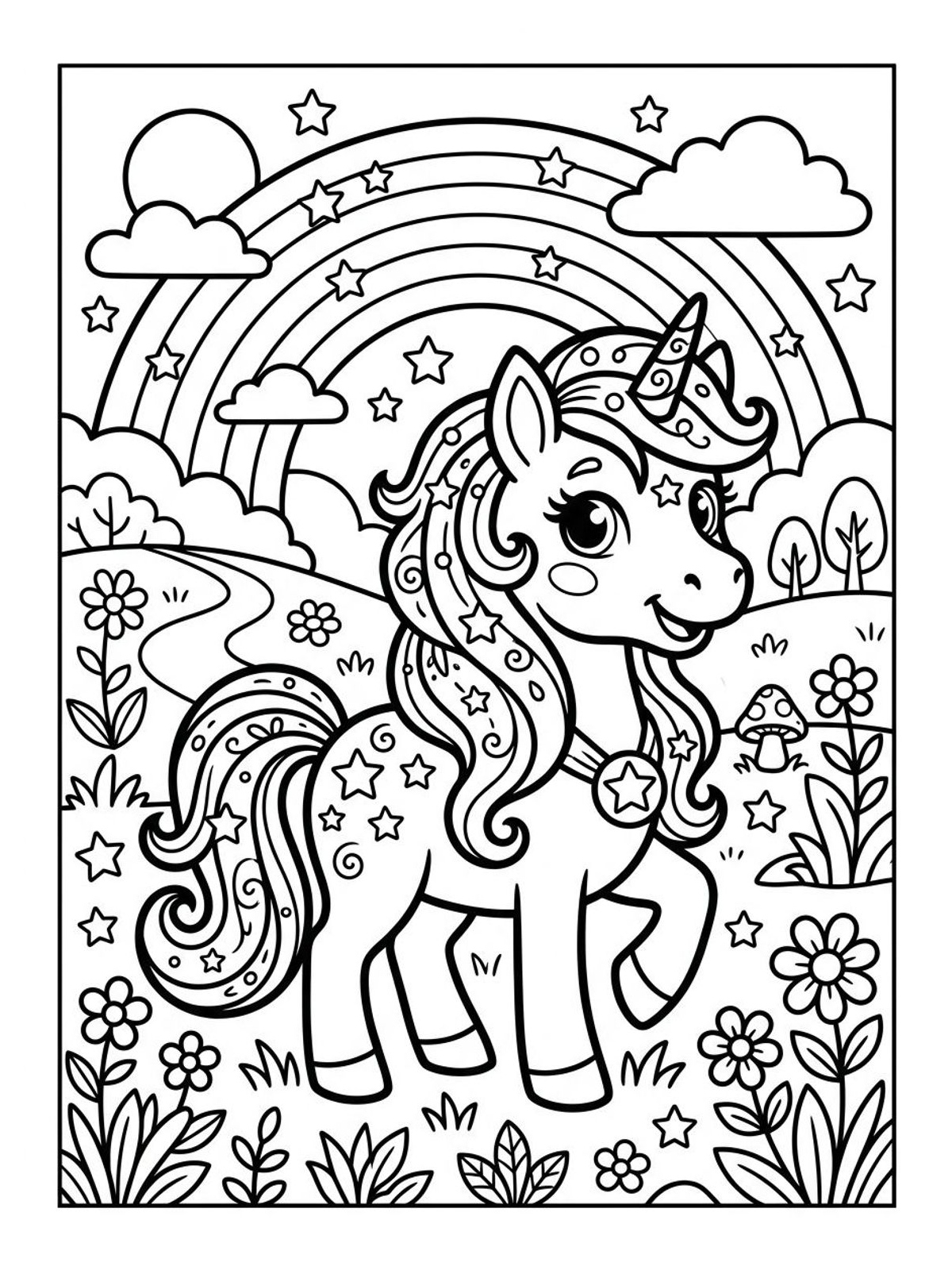 Desenho infantil de Pequeno Pônei mágico com estrelas e arco-íris em linhas pretas e nítidas para colorir, pintar e imprimir em folha A4. Baixe grátis a imagem em PDF para imprimir no Colorizando.