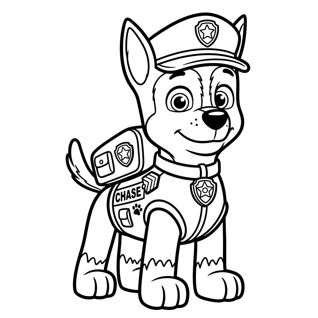 Lindo desenho para colorir do cãozinho policial Chase da Patrulha Canina com linhas pretas nítidas para imprimir em folha A4.