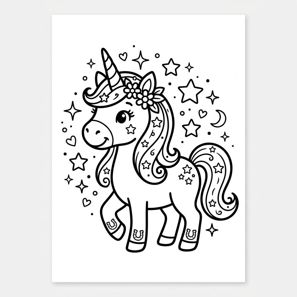 Lindo desenho de unicórnio mágico infantil com estrelas em linhas para imprimir e colorir.