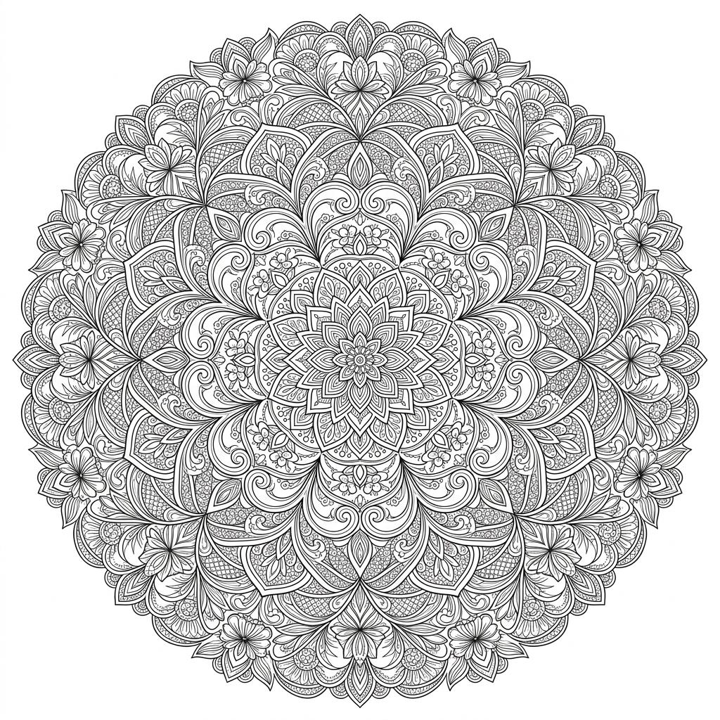 Desenho detalhado de mandala floral simétrica para colorir adulto e antiestresse.