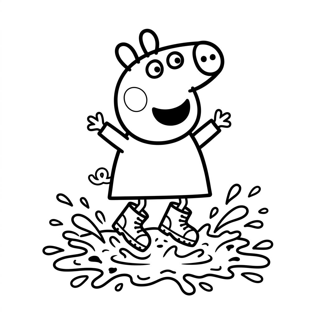 Desenho infantil de Peppa Pig Pulando na Lama em linhas pretas e nítidas para colorir, pintar e imprimir em folha A4. Baixe grátis a imagem em PDF para imprimir no Colorizando.
