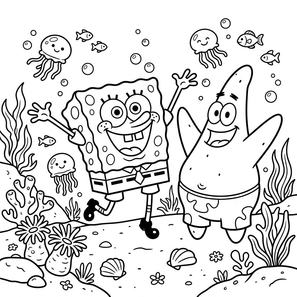 Desenho infantil de Bob Esponja na Fenda do Bikini em linhas pretas e nítidas para colorir, pintar e imprimir em folha A4. Baixe grátis a imagem em PDF para imprimir no Colorizando.