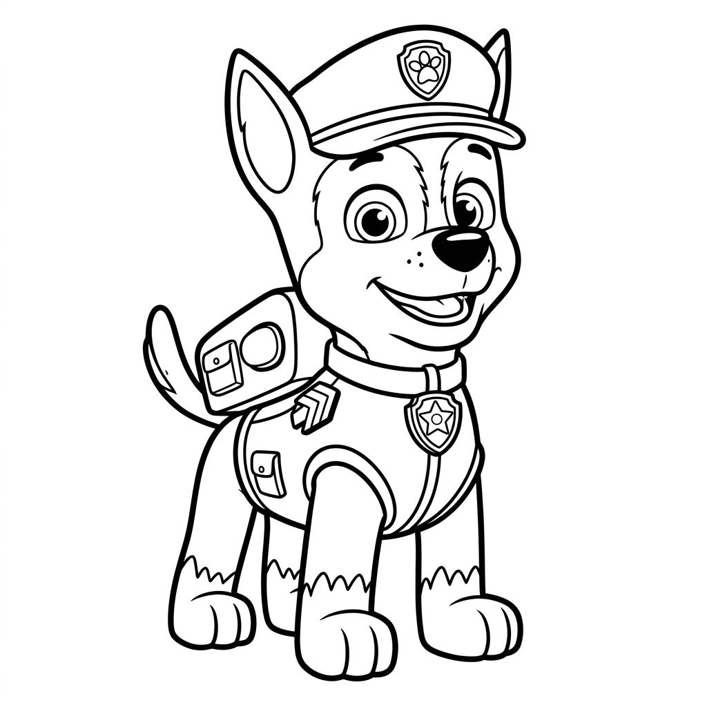 Desenho infantil de Patrulha Canina Chase em linhas pretas e nítidas para colorir, pintar e imprimir em folha A4. Baixe grátis a imagem em PDF para imprimir no Colorizando.
