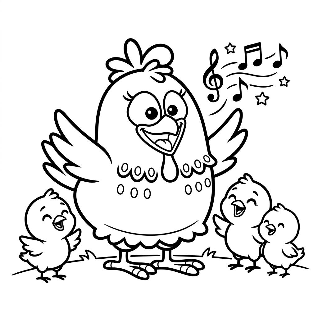 Desenho infantil de Galinha Pintadinha e Pintinhos em linhas pretas e nítidas para colorir, pintar e imprimir em folha A4. Baixe grátis a imagem em PDF para imprimir no Colorizando.
