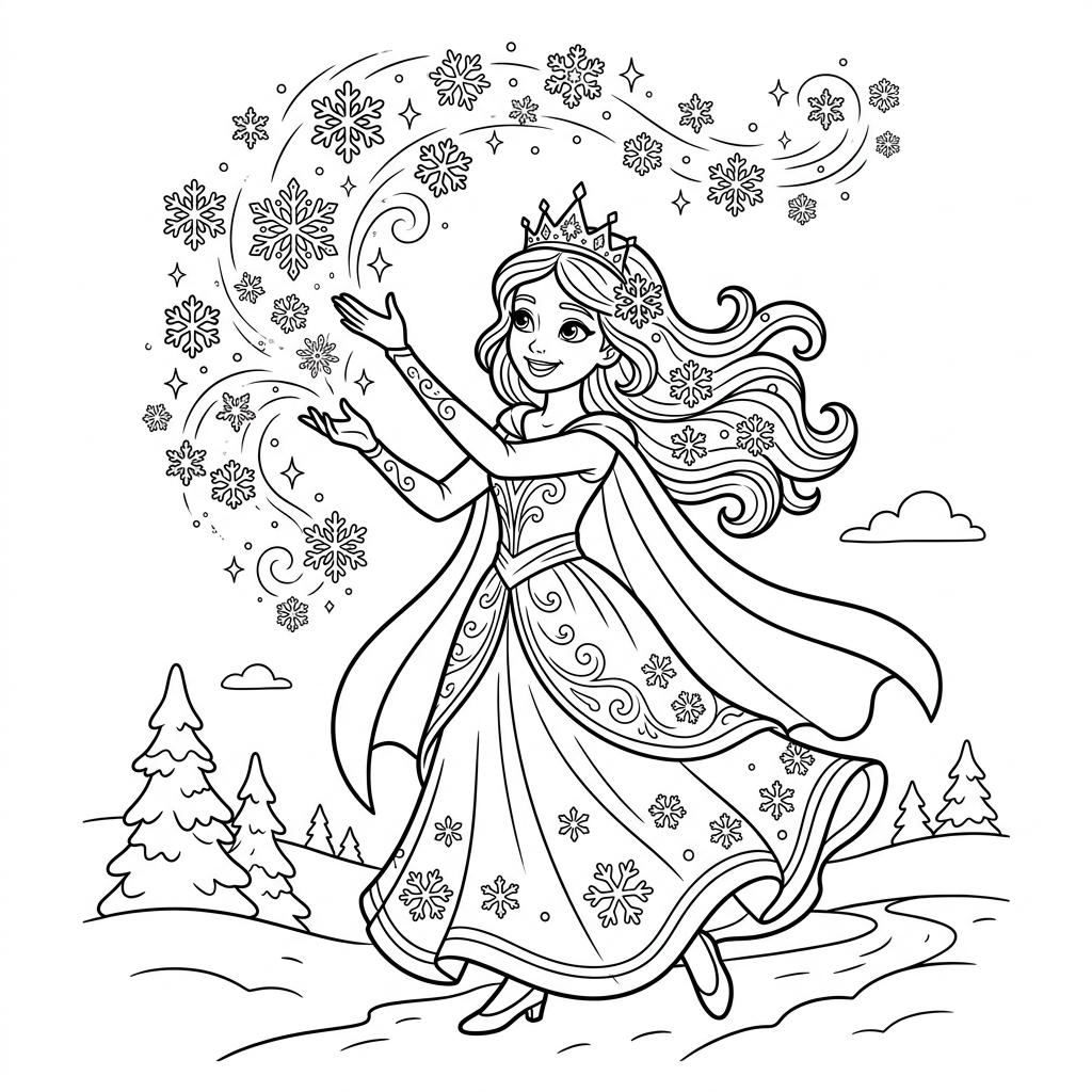 Desenho infantil de Elsa de Frozen e Seus Flocos de Neve Mágicos em linhas pretas e nítidas para colorir, pintar e imprimir em folha A4. Baixe grátis a imagem em PDF para imprimir no Colorizando.