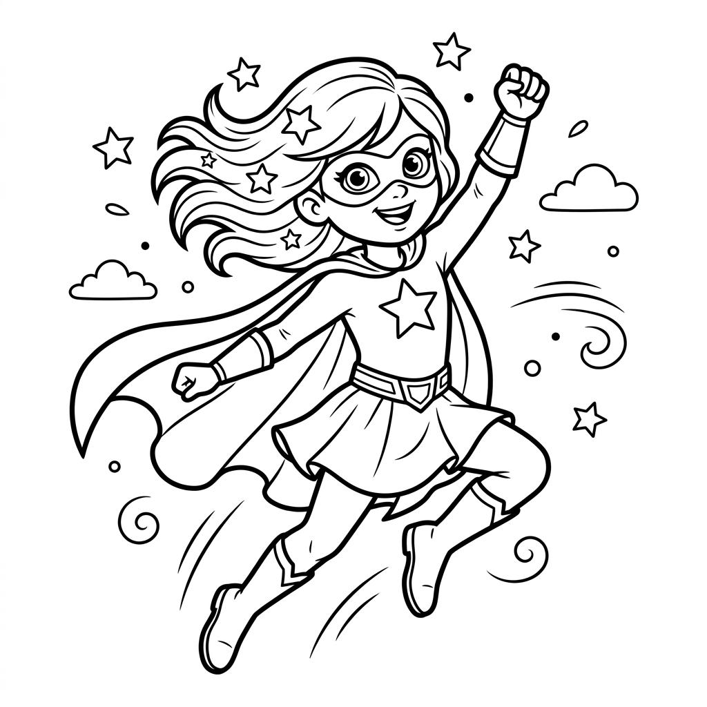 Desenho infantil de Ladybug Superheroína em linhas pretas e nítidas para colorir, pintar e imprimir em folha A4. Baixe grátis a imagem em PDF para imprimir no Colorizando.