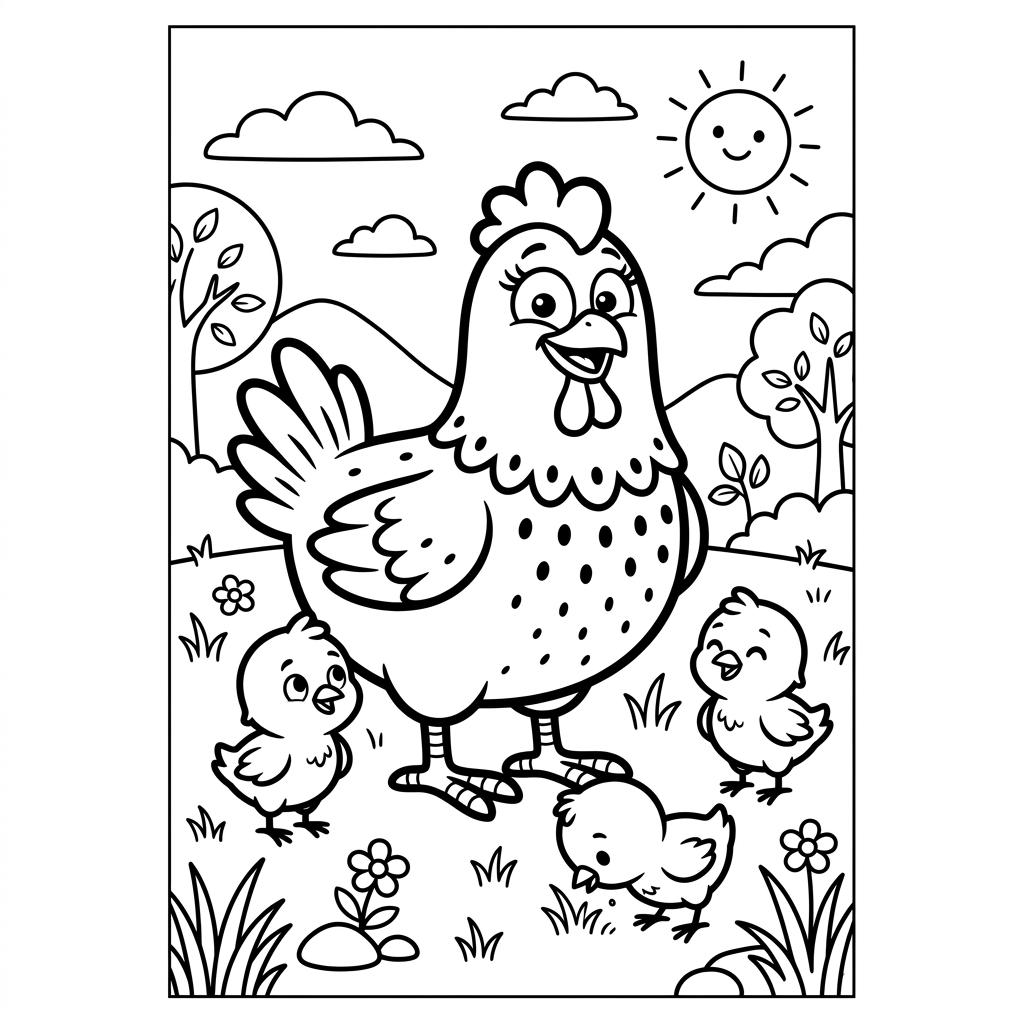 Desenho infantil de Galinha Pintadinha com seus pintinhos amarelinhos em linhas pretas e nítidas para colorir, pintar e imprimir em folha A4. Baixe grátis a imagem em PDF para imprimir no Colorizando.