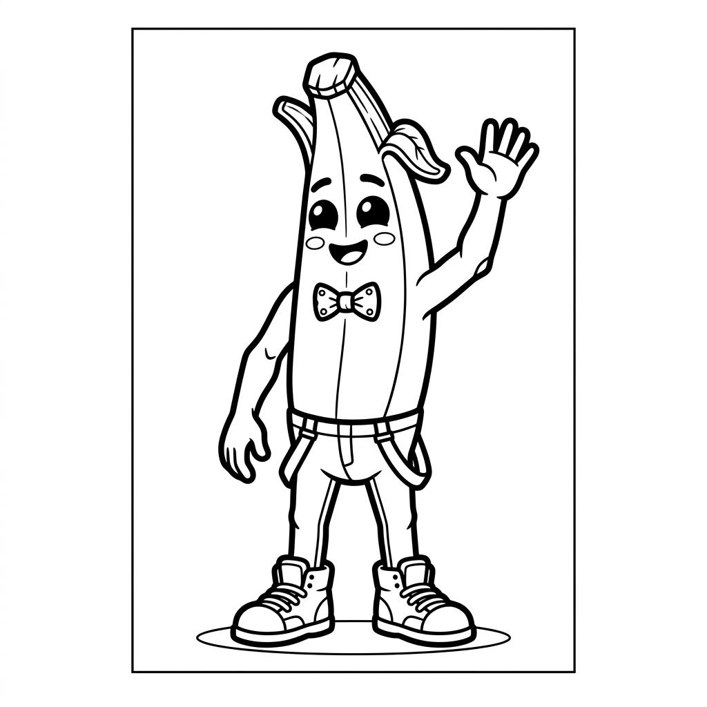 Desenho infantil de Fortnite com o personagem Banana Peely em linhas pretas e nítidas para colorir, pintar e imprimir em folha A4. Baixe grátis a imagem em PDF para imprimir no Colorizando.