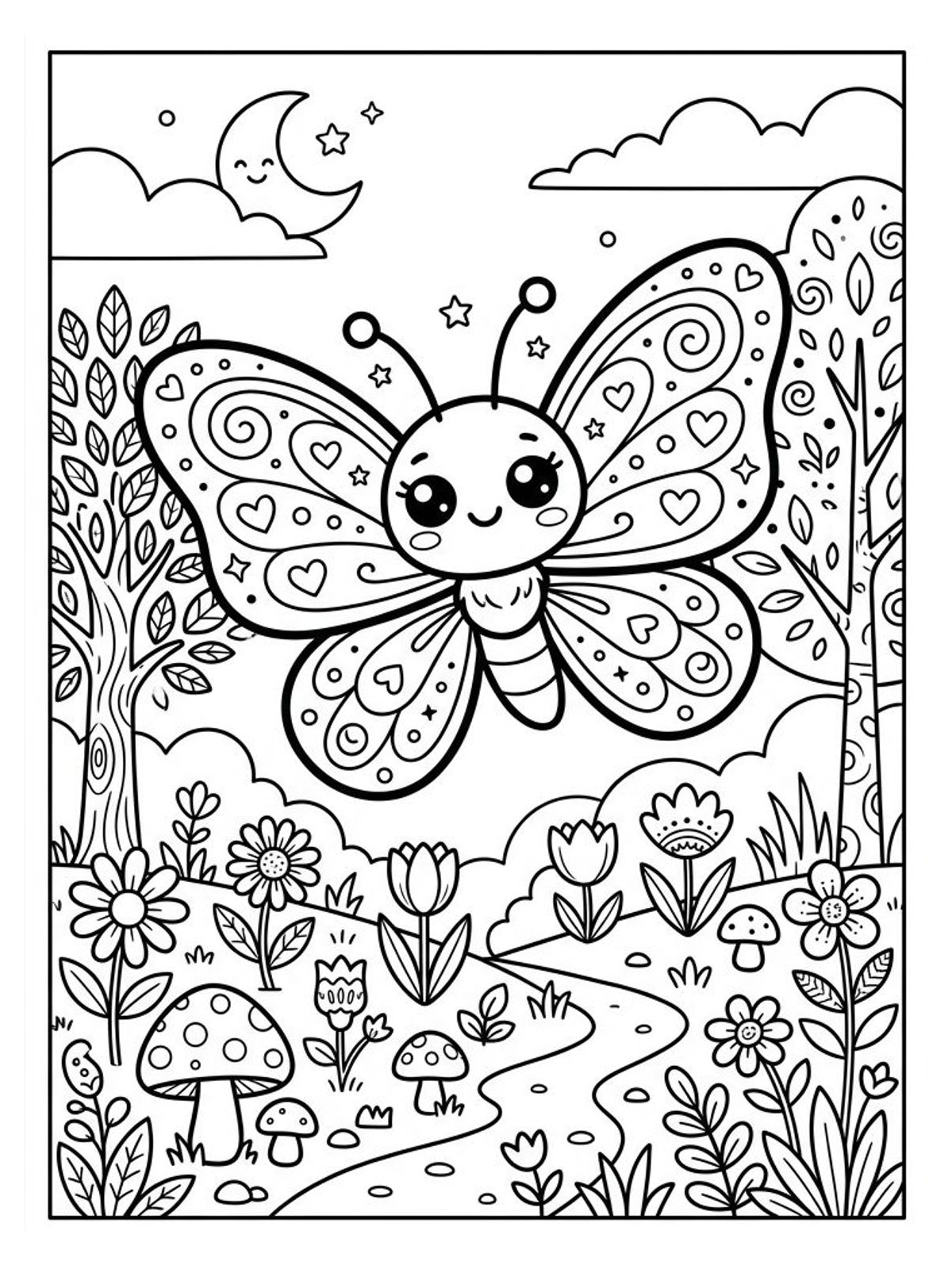 Desenho infantil de borboleta kawaii com asas decoradas voando na floresta encantada em linhas pretas e nítidas para colorir, pintar e imprimir em folha A4. Baixe grátis a imagem em PDF para imprimir no Colorizando.
