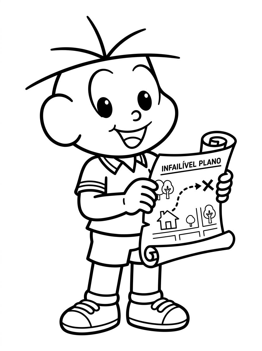 Desenho infantil de Cebolinha segurando seu plano infalível em linhas pretas e nítidas para colorir, pintar e imprimir em folha A4. Baixe grátis a imagem em PDF para imprimir no Colorizando.