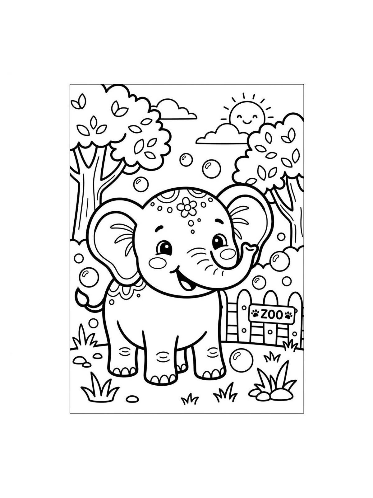 Desenho infantil de elefante kawaii sorridente brincando no zoológico em linhas pretas e nítidas para colorir, pintar e imprimir em folha A4. Baixe grátis a imagem em PDF para imprimir no Colorizando.