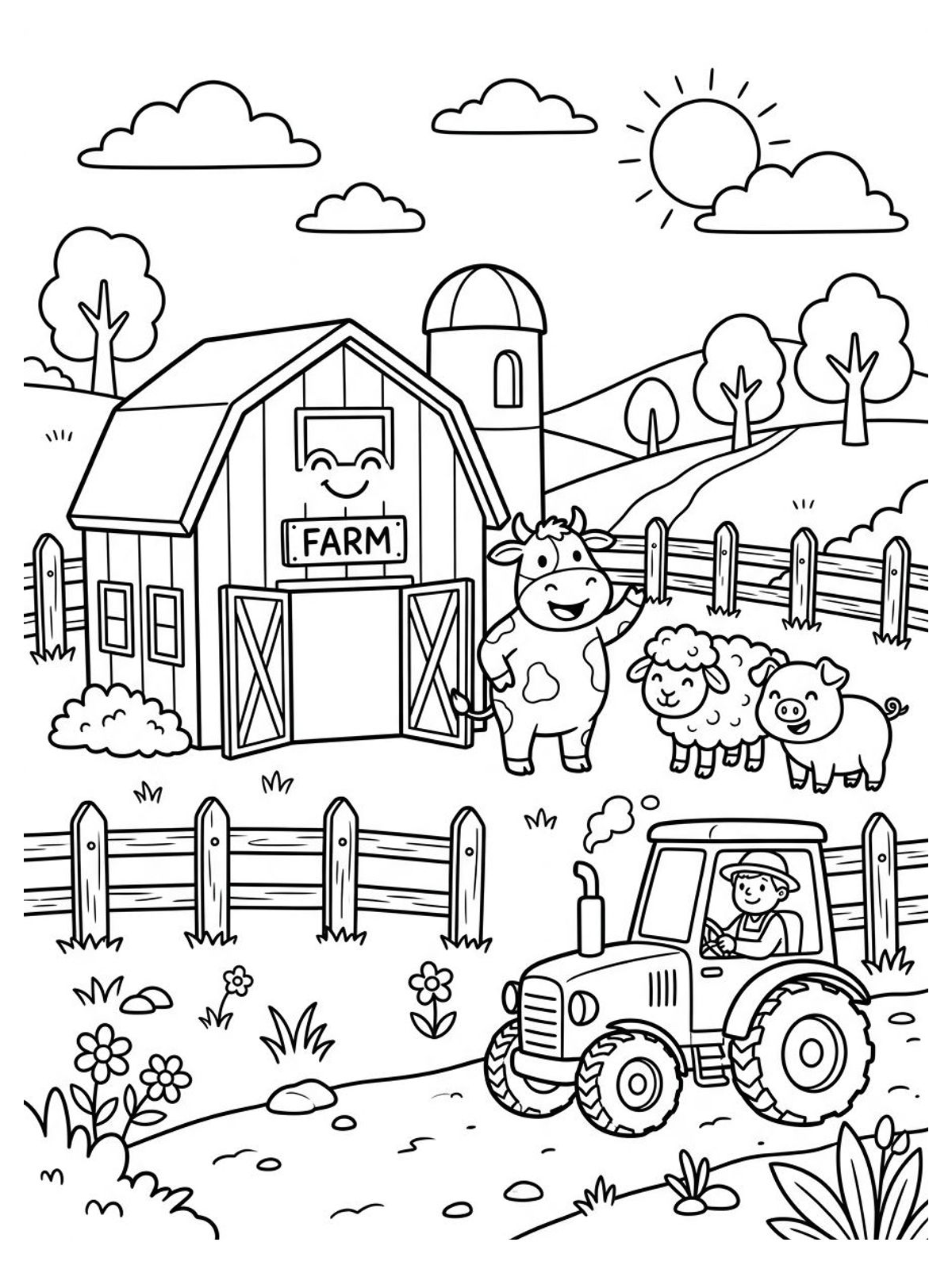 Desenho infantil de fazendinha com animais vaquinha, ovelha, porquinho e trator em linhas pretas e nítidas para colorir, pintar e imprimir em folha A4. Baixe grátis a imagem em PDF para imprimir no Colorizando.
