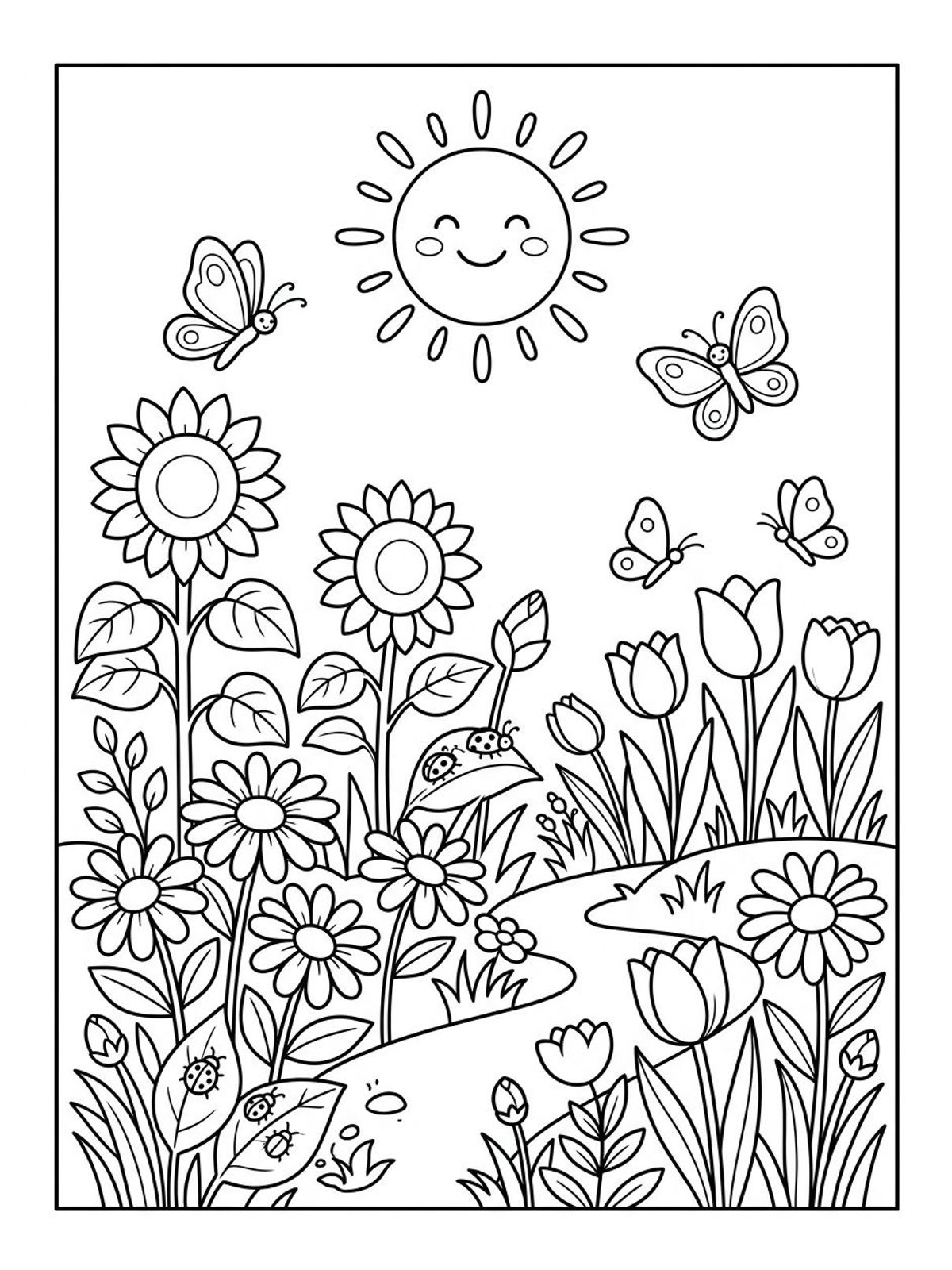 Desenho infantil de flores da primavera com girassóis, tulipas e borboletas no jardim em linhas pretas e nítidas para colorir, pintar e imprimir em folha A4. Baixe grátis a imagem em PDF para imprimir no Colorizando.