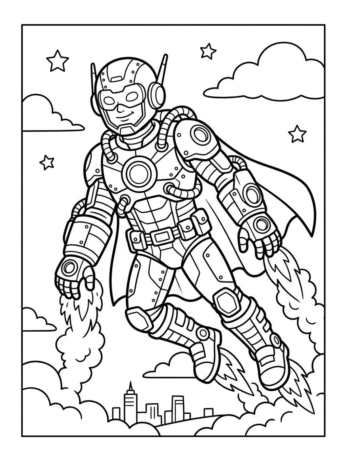 Desenho infantil de super-herói com armadura de ferro tecnológica voando em linhas pretas e nítidas para colorir, pintar e imprimir em folha A4. Baixe grátis a imagem em PDF para imprimir no Colorizando.