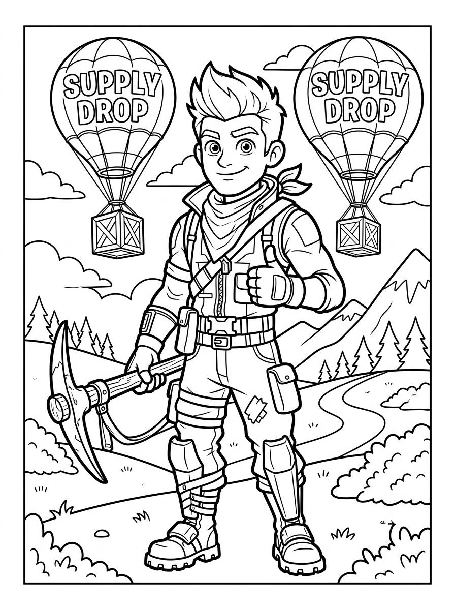 Desenho infantil de Jonesy do Fortnite com picareta e balão de suprimentos em linhas pretas e nítidas para colorir, pintar e imprimir em folha A4. Baixe grátis a imagem em PDF para imprimir no Colorizando.