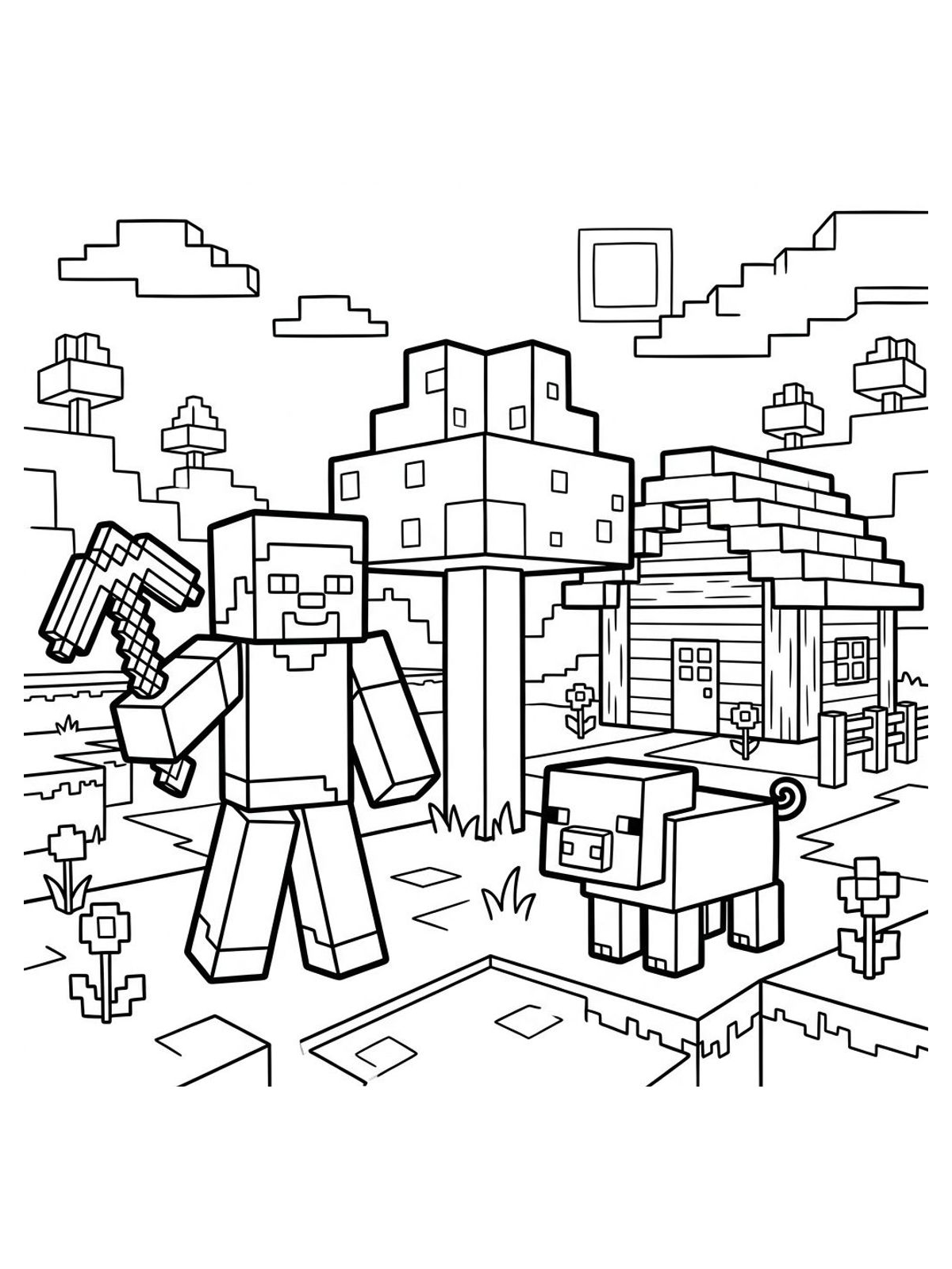 Desenho infantil de Minecraft divertido com Steve de picareta, porquinho e casa de blocos em linhas pretas e nítidas para colorir, pintar e imprimir em folha A4. Baixe grátis a imagem em PDF para imprimir no Colorizando.