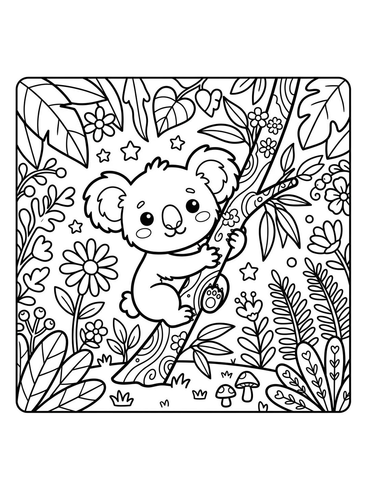 Desenho infantil de ursinho coala kawaii fofo abraçado em galho na floresta em linhas pretas e nítidas para colorir, pintar e imprimir em folha A4. Baixe grátis a imagem em PDF para imprimir no Colorizando.