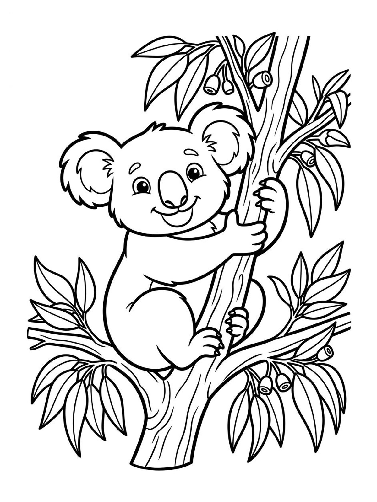 Desenho infantil de ursinho coala fofo sorrindo no galho da árvore em linhas pretas e nítidas para colorir, pintar e imprimir em folha A4. Baixe grátis a imagem em PDF para imprimir no Colorizando.